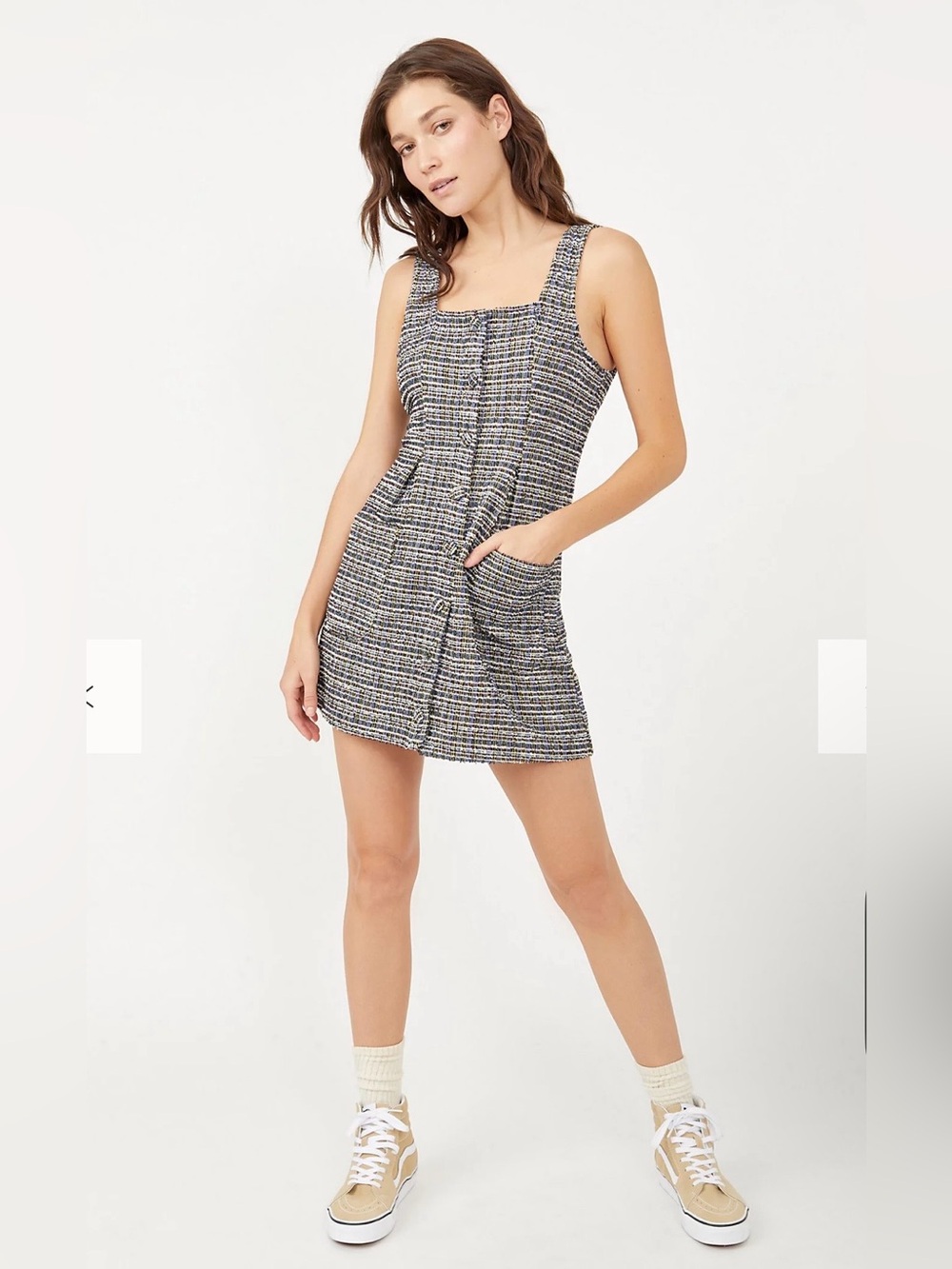 Free People Sz L Maxx Mini Shift Textured Blue Tweed Dress Buttons